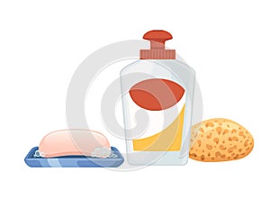 Households chemical liquid in plastic bottle with and sponge vector illustration isolated on white background