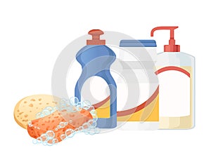 Households chemical liquid in plastic bottle with and sponge vector illustration isolated on white background