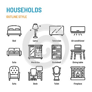 Households and furnitures in outline icon and symbol set