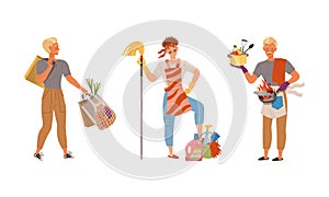 Househusband in everyday routine. Man carrying bags with grocery products, cooking and cleaning home vector illustration