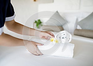 Housekeeper cleaning a hotel room photo
