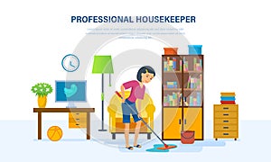 Housekeeper washes the floors with a mop in the room