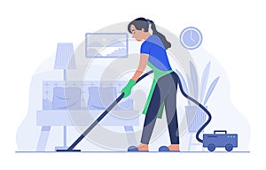 Housekeeper Woman Cleaning House with Electric Vacuum Cleaner