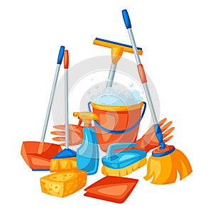 Housekeeping background with cleaning items.