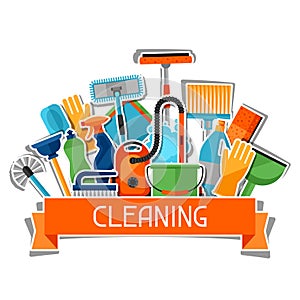 Housekeeping background with cleaning sticker icons. Image can be used on advertising booklets, banners, flayers