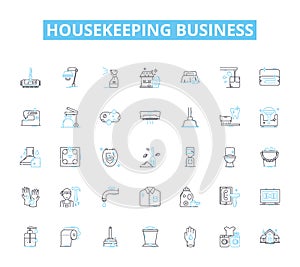 Housekeeping business linear icons set. Cleanliness, Sanitation, Tidiness, Scrubbing, Dusting, Vacuuming, Organization