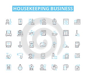 Housekeeping business linear icons set. Cleanliness, Sanitation, Tidiness, Scrubbing, Dusting, Vacuuming, Organization