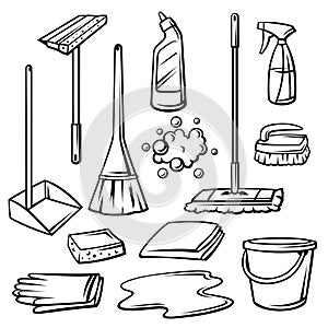 Housekeeping cleaning items set. Illustration for service and advertising.