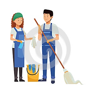 Housekeeping couple workers with mop and bucket