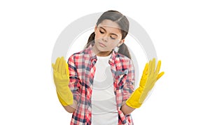 Housekeeping duties. Cleaning supplies. Girl rubber gloves for cleaning white background. Teach kid appreciate