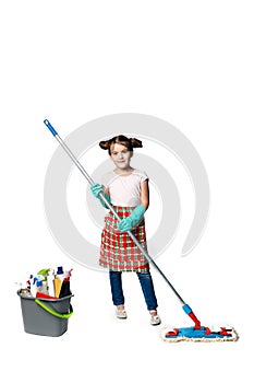 Housekeeping duties. Little girl in green rubber gloves ready for cleaning with with a mop and bucket. Mom`s assistant isolated o