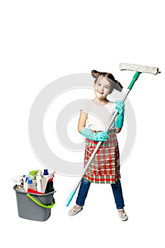 Housekeeping duties. Little girl in green rubber gloves ready for cleaning with with a mop and bucket. Mom`s assistant isolated o