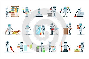 Housekeeping Household Robot Doing Home Cleanup And Other Duties Set Of Futuristic Illustration With Servant Android