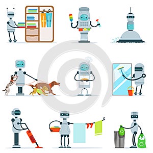 Housekeeping Household Robot Doing Home Cleanup And Other Duties Set Of Futuristic Illustration With Servant Android