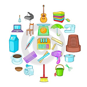 Housekeeping icons set, cartoon style