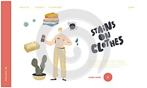 Housekeeping Landing Page Template. Sloppy Female Character Put Chocolate Stain on Clothes while Eating Washing Clothing