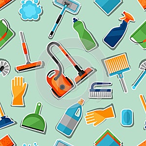 Housekeeping lifestyle seamless pattern with cleaning sticker icons. Background for backdrop to site, textile printing