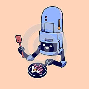 Housekeeping robot cooking lunch. Robotic chef cooks food on frying pan. Future technology on restaurant kitchen