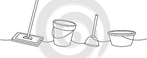 Housekeeping set one line continuous drawing. Floor mop, bucket, toilet plunger, plastic basin continuous one line