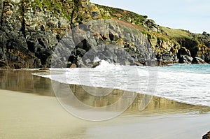 Housel Cove Beach and Housel Bay, The Lizard, Cornwall, England, UK