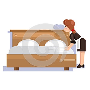 Housemaid cleaner clean bed cleanliness flat design character vector illustration