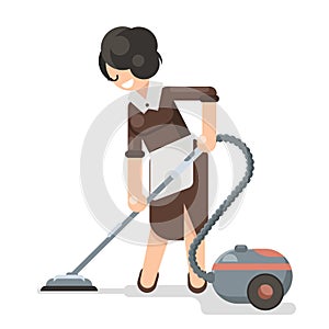 Housemaid cleaner vacuum cleaner cleanliness flat design character vector illustration