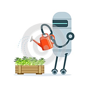 Housemaid robot character with watering can feeding plants vector Illustration