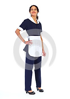 Housemaid woman isolated white background.