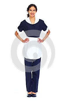 Housemaid woman white background.