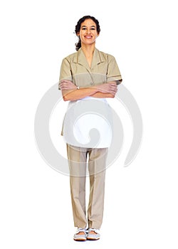 Housemaid woman white background.