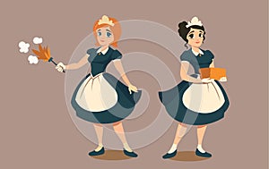 Housemaids with duster and stack of linen or towel