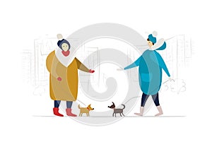 Housemates walk with dogs near the house. Winter season