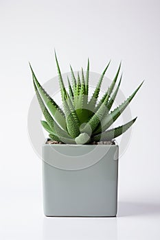 Houseplant aloe. Green sprout in a square ceramic pot. Evergreen potted plant isolated on white background.