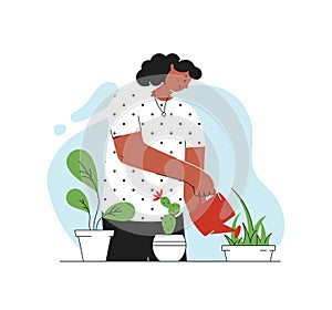 Houseplant care concept. Woman cultivate of indoor plants. Vector illustration