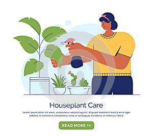 Houseplant care. Woman cultivate of indoor plants. Vector banner