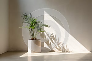 Houseplant shadow. Tropic leaves in flowerpot casts shade on empty ivory, beige wall in corner of room