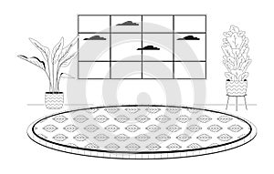 Houseplants livingroom cozy carpet round black and white cartoon flat illustration