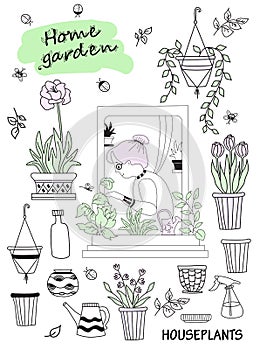 Houseplants in modern home and people. Elderly woman in green interior. Set of cute vector doodles - woman in the window