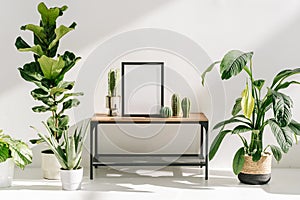 Houseplants near table with blank space picture frame