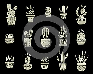 Houseplants in pots hand drawn illustration, plant silhouettes, vector clip art set