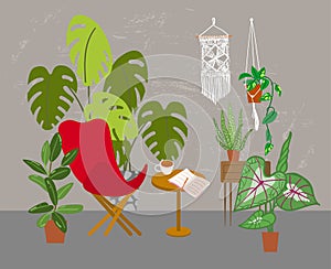 Houseplants vector illustrations. Urban jungls. Plants are friends. Interior with plants.