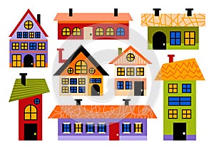 Cute various small and tiny houses of different shapes, sizes and angles in cartoon comic style.