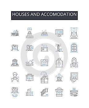 Houses and accomodation line icons collection. Residences, Dwellings, Homes, Apartments, Condos, Cottages, Bungalows