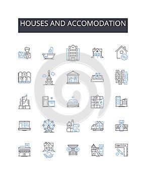 Houses and accomodation line icons collection. Residences, Dwellings, Homes, Apartments, Condos, Cottages, Bungalows