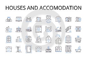 Houses and accomodation line icons collection. Residences, Dwellings, Homes, Apartments, Condos, Cottages, Bungalows