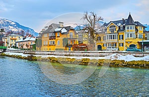 The houses along the Traun river, Bad Ischl, Salzkammergut, Austria