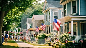 Domy americký vlajky v řádek podél ulice v 