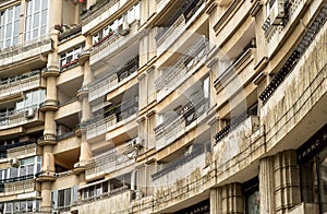 houses balconies of bucharest street. Close up detail with a old built apartment building in Bucharest, Romania