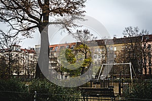 Houses in Berlin in autumn. Neighborhood in Berlin in autumn. Friedrichshain