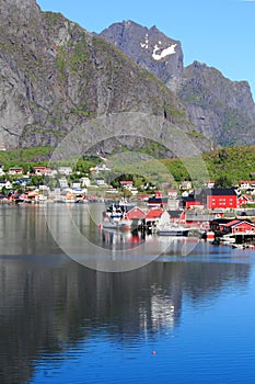 Houses boats and mounts of Reine in Lofoten